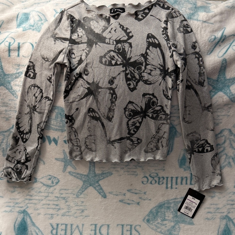 Art Class Girl’s Gray Ribbed Top w/ Butterfly Print